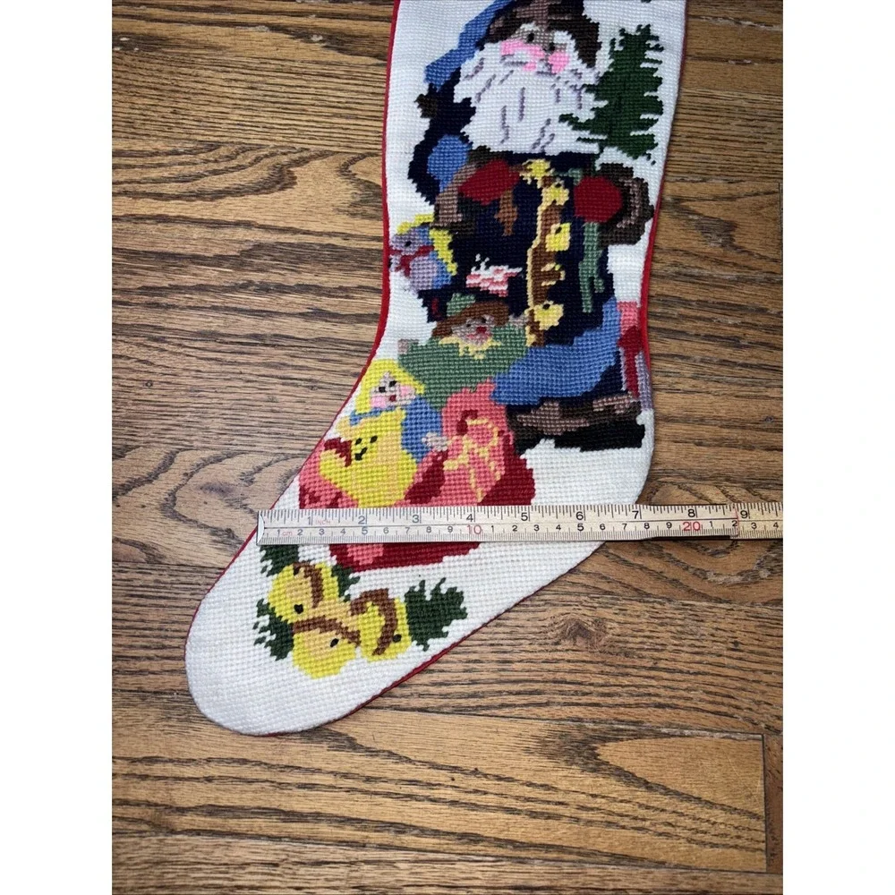 Vintage Needlepoint Christmas Santa Toys Stocking Red Velvet Left Hanging